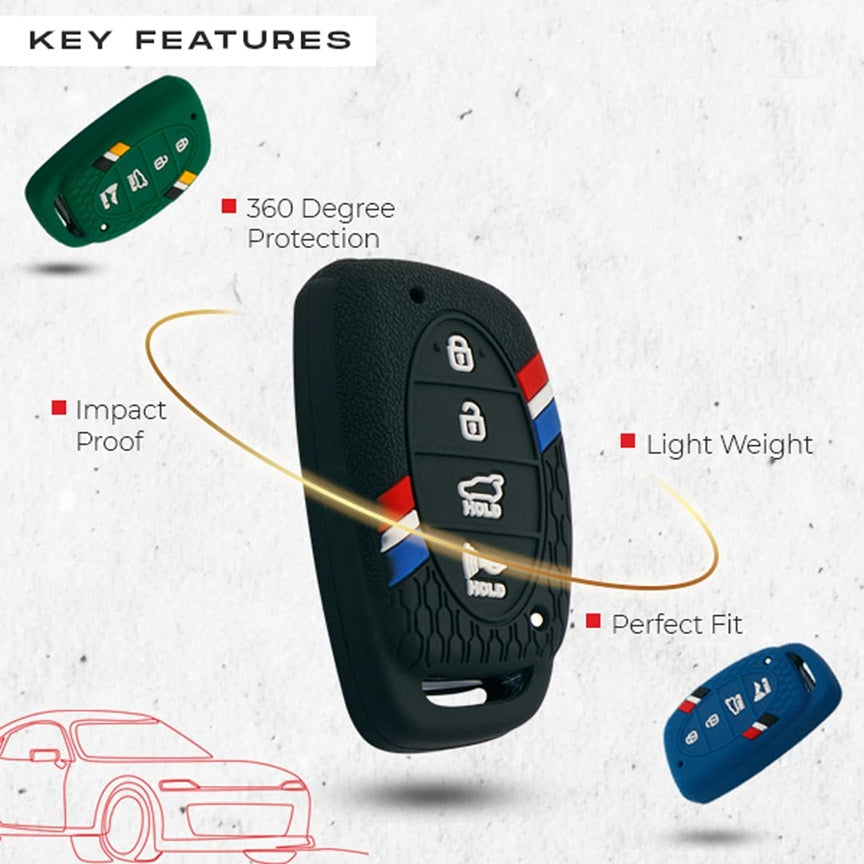 (4 Button Smart Key) Striped Silicone Key Cover Compatible for i20 2020, Venue, Tucson, Elantra, i20 N Line 2021, Creta 2020